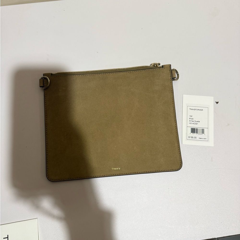 Theory Minimalist Transformer Liden Lamb Leather Pouch Clutch Bag Khaki